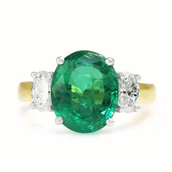 18ct Yellow and White Gold Oval Emerald and Diamond 3 Stone Ring