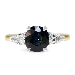 18ct Yellow and White Gold Cushion Sapphire and Pear Diamond 3 Stone Ring