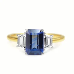 18ct Yellow and White Gold Emerald Cut Sapphire and Baguette Diamond Ring