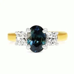 18ct Yellow and White Gold Sapphire and Cushion Cut Diamond 3 Stone Ring