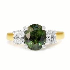 18ct Yellow and White Gold Green Sapphire and Oval Diamond 3 Stone Ring