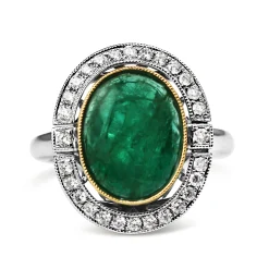 18ct Yellow and White Gold Deco Style 3.70 Emerald and Diamond Halo Ring