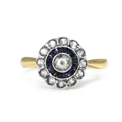 18ct Yellow and White Gold Antique Sapphire and Diamond Daisy Ring