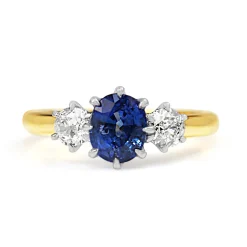 18ct Yellow and White Gold Cornflower Blue Sapphire and Old Cut Diamond Ring