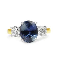 18ct Yellow and White Gold Oval 3.20 Sapphire and Diamond 3 Stone Ring