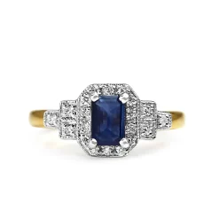 9ct Yellow and White Gold Sapphire and Diamond Deco Style Ring
