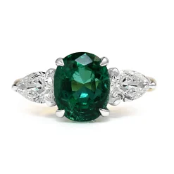 18ct Yellow and White Gold Emerald and Pear Shaped Diamond 3 Stone Ring