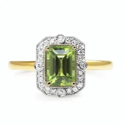 9ct Yellow and White Gold Deco Style Peridot and Diamond Halo Ring