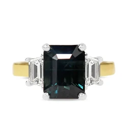 18ct Yellow and White Gold Teal/Parti Sapphire and Tapered Baguette Diamond 3 Stone Ring