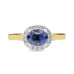 18ct Yellow and White Gold East West Set Sapphire and Diamond Halo Ring