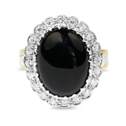 18ct Yellow and White Gold Vintage Onyx and Single Cut Diamond Daisy Ring