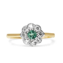 9ct Yellow and White Gold Emerald and Diamond Daisy Flower Ring