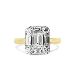 18ct Yellow and White Gold Emerald, Baguette and Brilliant Cut Diamond Deco Style Halo Ring