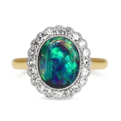 18ct Yellow and White Gold Black Opal and Diamond Daisy Halo Ring