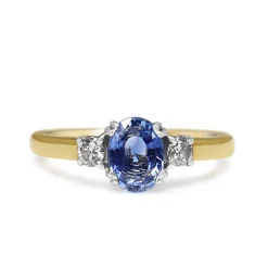9ct Yellow and White Gold Oval Sapphire and Diamond 3 Stone Ring