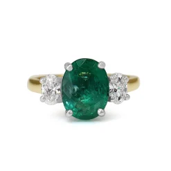 18ct Yellow and White Gold Oval Emerald and Diamond 3 Stone Ring