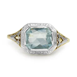 14ct Yellow and White Gold Deco Aquamarine Filigree Ring