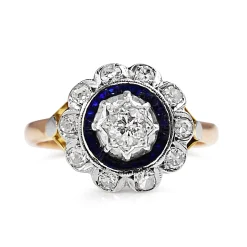 18ct Yellow and White Gold Deco Old Cut Diamond and Enamel Daisy Ring