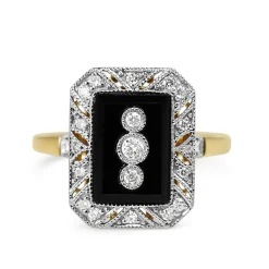 18ct Yellow and White Gold Onyx and Diamond Deco Style Ring