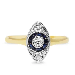 18ct Yellow and White Gold Art Deco Sapphire and Diamond Marquise Shaped Ring