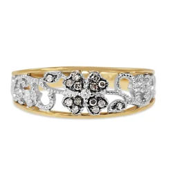 9ct Yellow and White Gold Champagne and White Diamond Floral Band Ring