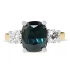 18ct Yellow and White Gold Cushion Teal Sapphire and Diamond 3 Stone Ring