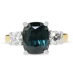 18ct Yellow and White Gold Cushion Teal Sapphire and Diamond 3 Stone Ring