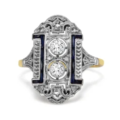 18ct Yellow and White Gold Art Deco Sapphire and Old Cut Diamond Ring