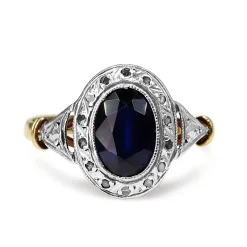 18ct Yellow and White Gold Antique Sapphire and Rose Cut Diamond Halo Ring