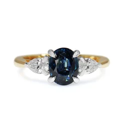 18ct Yellow and White Gold Oval Sapphire and Pear Diamond 3 Stone Ring