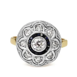 18ct Yellow and White Gold Art Deco Sapphire and Old Cut Diamond Target Style Ring