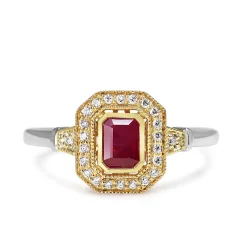 9ct Yellow and White Gold Ruby and Diamond Deco Style Halo Ring