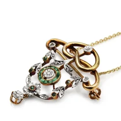 18ct Yellow and White Gold Victorian Emerald and Rose Cut Diamond Necklace / Brooch