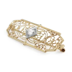 10ct Yellow and White Gold Vintage Old Cut Diamond Filigree Brooch