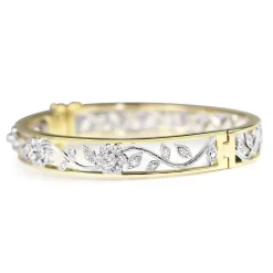 9ct Yellow and White Gold Diamond Floral Filigree Bangle