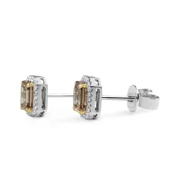 18ct Yellow and White Gold Emerald Cut Champagne Diamond Halo Earrings