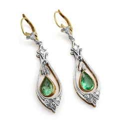 18ct Yellow and White Gold Antique Emerald and Single Cut Diamond Drop Earrings