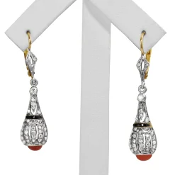 18ct Yellow and White Gold Art Deco Onyx, Coral and Rose Cut Diamond Earrings