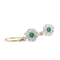 9ct Yellow and White Gold Emerald and Diamond Daisy Drop Earrings