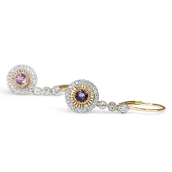 18ct Yellow and White Gold Pink Sapphire and Diamond Halo Drop Earrings
