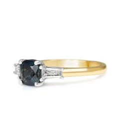 18ct Yellow and White Gold Cushion Sapphire and Tapered Baguette Diamond 3 Stone Ring