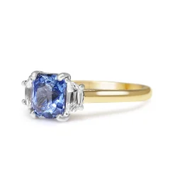 18ct Yellow and White Gold Cushion Sapphire and Half Moon Diamond 3 Stone Ring