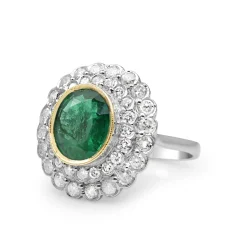 18ct Yellow and White Gold Emerald and Diamond Double Halo Ring