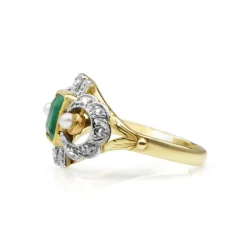 14ct Yellow and White Gold Emerald, Diamond and Pearl Art Deco Ring