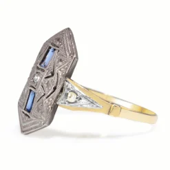 18ct Yellow and White Gold Art Deco Sapphire and Old Cut Diamond Ring