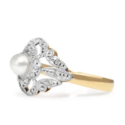18ct Yellow and White Gold Art Deco Diamond and Pearl Ring