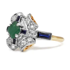18ct Yellow and White Gold Diamond, Emerald and Sapphire Deco Style Ring