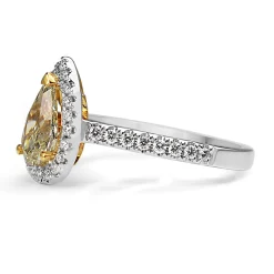 18ct Yellow and White Gold Yellow Pear Diamond Halo Ring