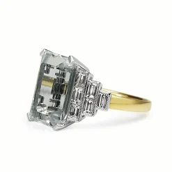 18ct Yellow and White Gold Aquamarine and Diamond Art Deco Style Ring