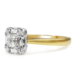 18ct Yellow and White Gold Deco Style Asscher Cut Diamond Halo Ring